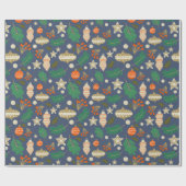 クリスマスバウブルと冬の葉の青 ラッピングペーパー (フラット)