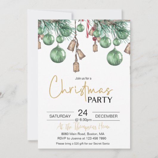 クリスマスバウブルズホリデーディナーパーティの招待状 招待状 (正面)
