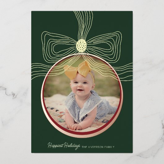 クリスマスバウブル&ボウグリーン金ゴールドフォトカード 箔シーズンカード (正面)