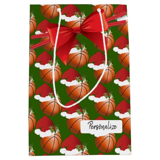 クリスマスバスケットボールのパターン ミディアムペーパーバッグ (正面)