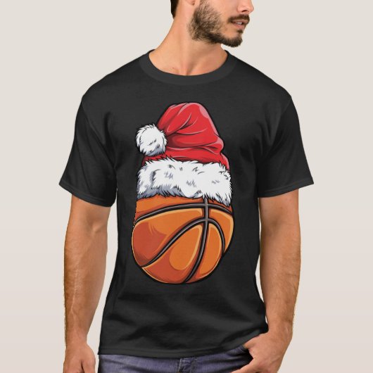 クリスマスバスケットボールサンタハットスポーツクリスマスB Tシャツ (正面)