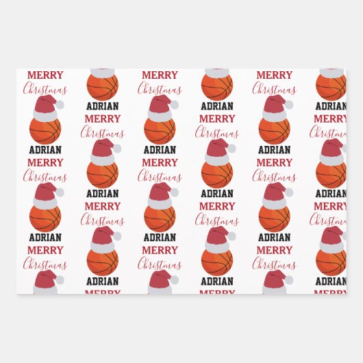 クリスマスバスケットボールスポーツ名前をカスタムする ラッピングペーパーシート (正面2)