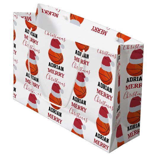 クリスマスバスケットボールスポーツ名前をカスタムする ラージペーパーバッグ (正面アングル)