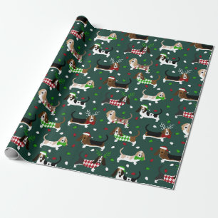 クリスマスバセットハウンドフォレストグリーン ラッピングペーパー