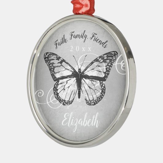 クリスマスバタフライブラックフェイクシルバーモノグラム メタルオーナメント (左)