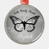 クリスマスバタフライブラックフェイクシルバーモノグラム メタルオーナメント (正面)