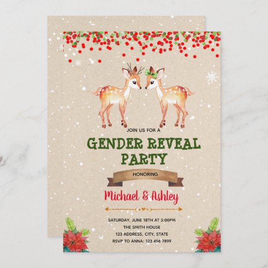 クリスマスバックまたはdoe性別の表示の招待 招待状 (正面/裏面)
