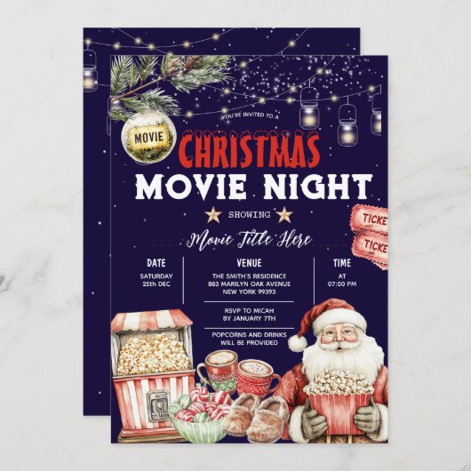 クリスマスバックヤードムービーナイトポップコーンサンタパーティー 招待状 (正面/裏面)