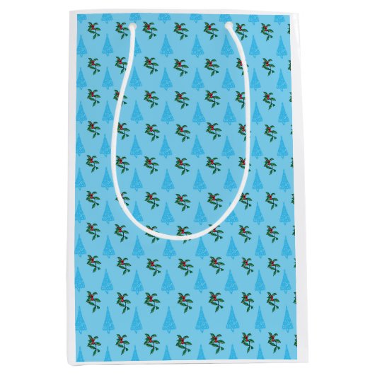 クリスマスバッグ（ホリーとブルーの木） ミディアムペーパーバッグ (正面)