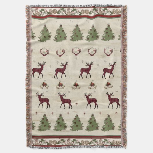 クリスマスバッファロープライド鹿〔雄ジカの〕枝角松の木 スローブランケット (正面縦)