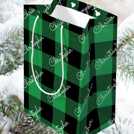 クリスマスバッファロープレイド名前をカスタムする素朴グリーン ミディアムペーパーバッグ