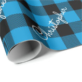 クリスマスバッファロープレイド名前をカスタムする素朴ブルー ラッピングペーパー (ロールコーナー)