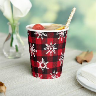 クリスマスバッファロー赤い雪片プレイドパターン 紙コップ