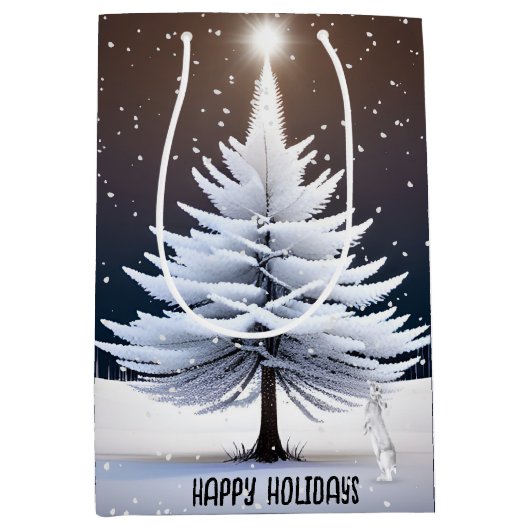 クリスマスバニーと白い松の木 ミディアムペーパーバッグ (正面)