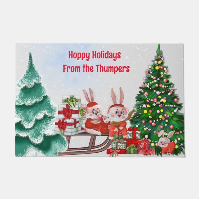 クリスマスバニー家族の様式 ドアマット (正面)