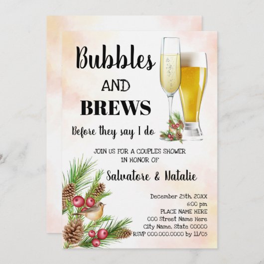クリスマスバブルとブリュウズカップルのシャワー 招待状 (正面/裏面)