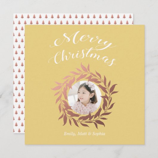 クリスマスバラ金ゴールドリースイエローホワイト写真 シーズンカード (正面/裏面)