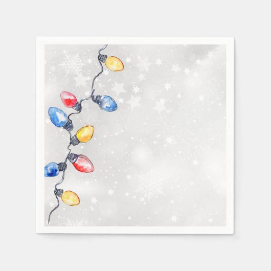 クリスマスバルブ、ストリングライト、休日 スタンダードカクテルナプキン (正面)