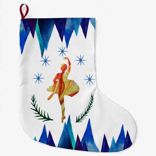 クリスマスバレリーナウォーターカラーアート ラージクリスマスストッキング (正面)