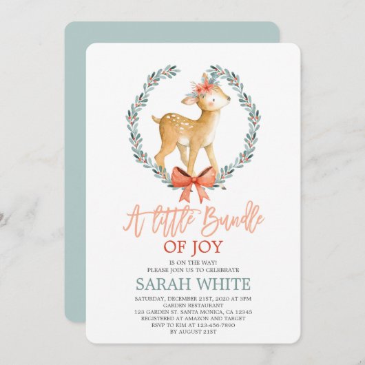 クリスマスバンドルの喜び冬の鹿ベビーシャワー 招待状 (正面/裏面)
