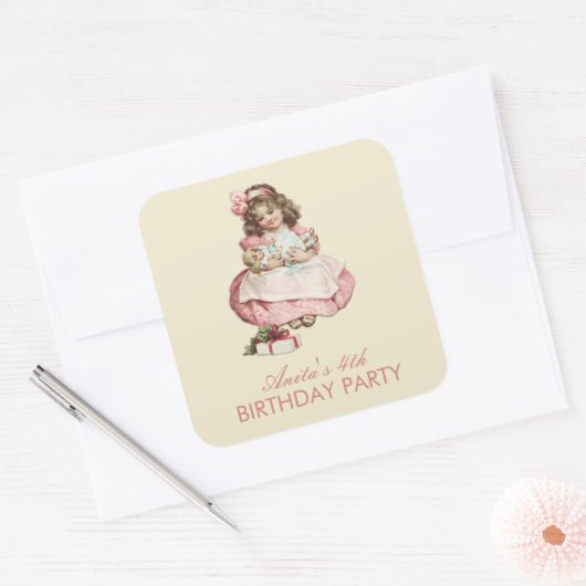 クリスマスバースデーパーティーヴィンテージかわいいガールピンク スクエアシール (封筒)