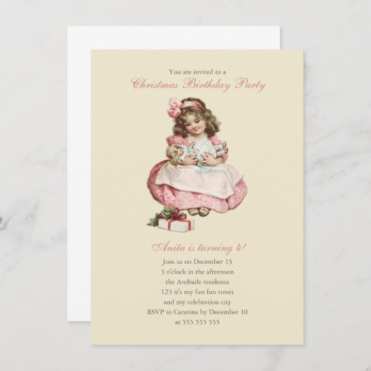 クリスマスバースデーパーティーヴィンテージかわいいガールピンク 招待状 (正面/裏面)