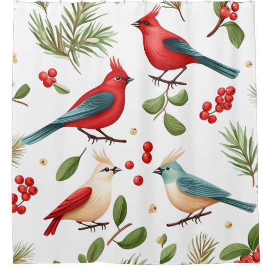 クリスマスバードとベリー シャワーカーテン (正面)