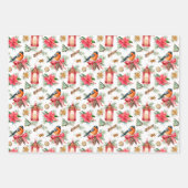 クリスマスバード、クッキー、ポインセチアストライプス ラッピングペーパーシート (正面)