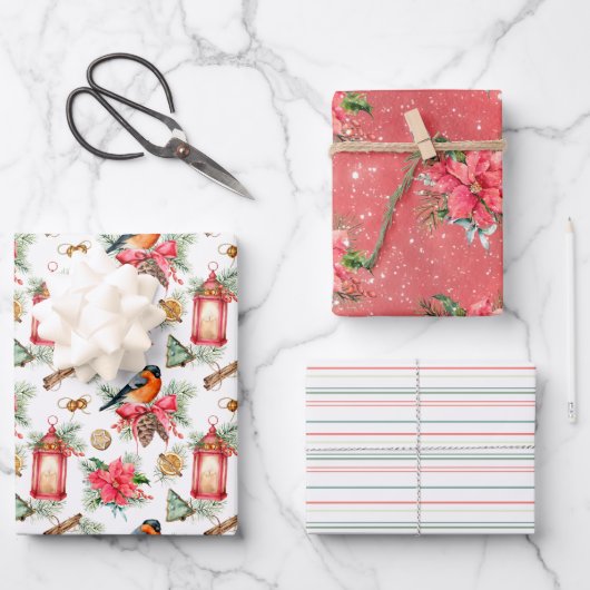 クリスマスバード、クッキー、ポインセチアストライプス ラッピングペーパーシート (正面)
