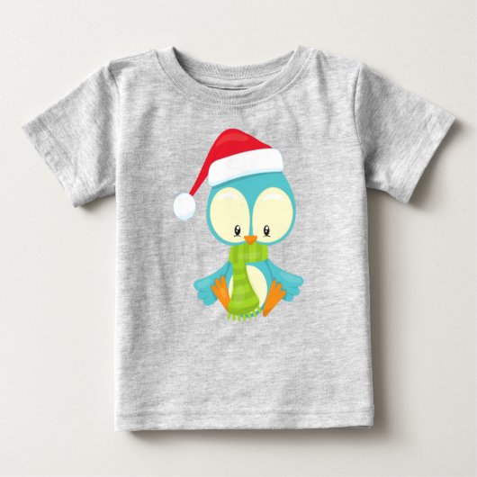 クリスマスバード、帽子付き鳥、スカーフ付き鳥 ベビーTシャツ (正面)