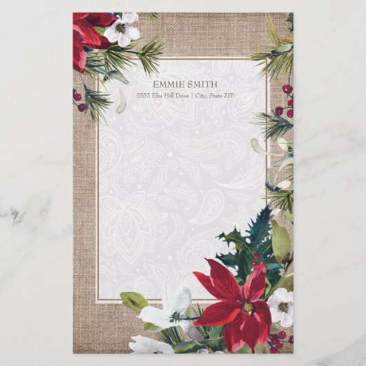 クリスマスバーラップレースポインセティアスグリーン葉ズ 便箋 (正面)