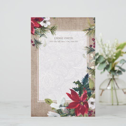 クリスマスバーラップレースポインセティアスグリーン葉ズ 便箋 (スタンド正面)