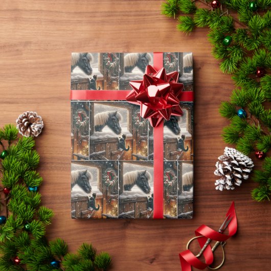 クリスマスバーンのポニーと子猫 ラッピングペーパー (クリスマスギフト)