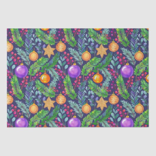 クリスマスパインとオーナメント紫の模様 薄葉紙 (正面)