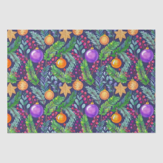 クリスマスパインとオーナメント紫の模様 薄葉紙 (正面)