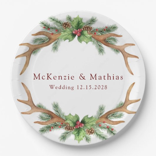クリスマスパインと鹿の〔雄ジカの〕枝角結婚ズ ペーパープレート (正面)