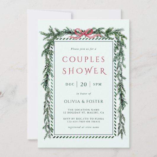 クリスマスパインのガーランド カップルシャワー ミントグリーン 招待状 (正面)
