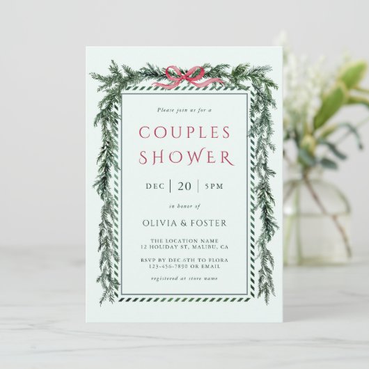 クリスマスパインのガーランド カップルシャワー ミントグリーン 招待状 (スタンド正面)
