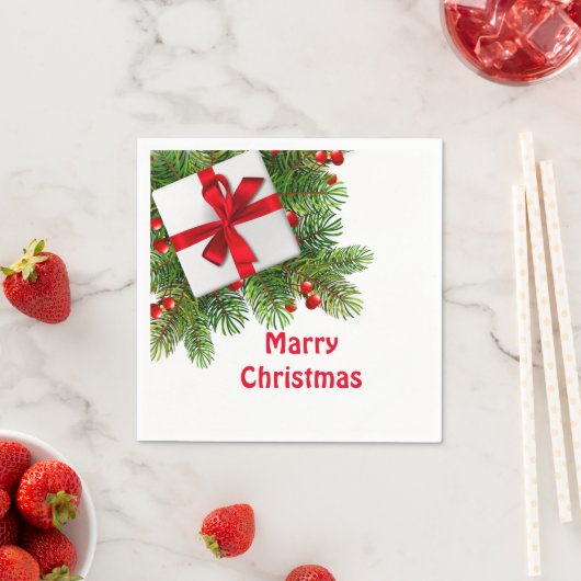 クリスマスパインの木と白い現在の赤紙 スタンダードカクテルナプキン (インサイチュ)