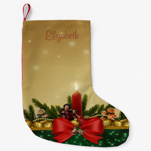 クリスマスパインの木の枝，赤い弓，ろうそく，ボール スモールクリスマスストッキング (正面)