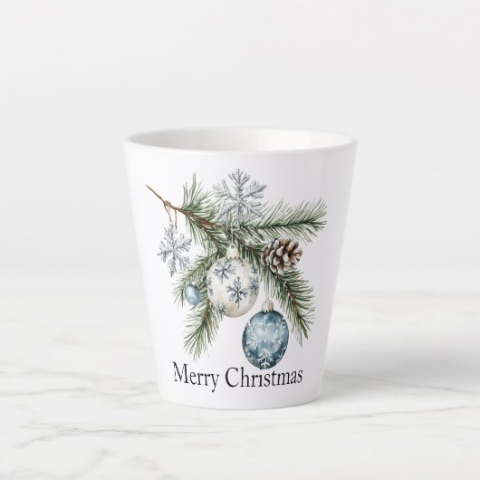 クリスマスパインの木の雪の結晶 青 白 オーナメント カフェラテマグ (正面)