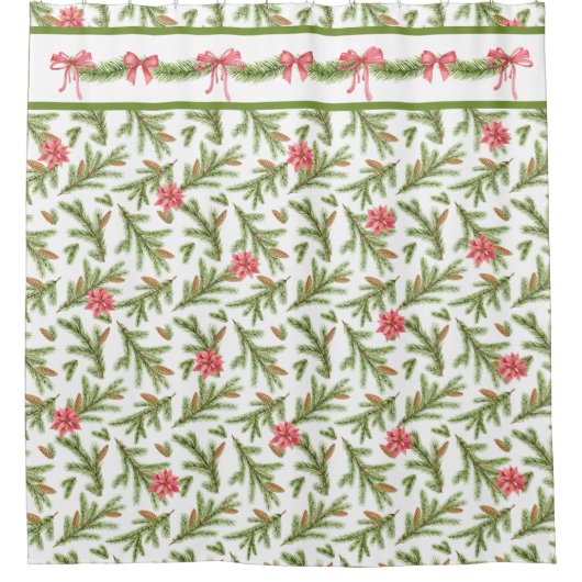 クリスマスパインの枝とポインセチア シャワーカーテン (正面)