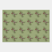 クリスマスパインコーンと枝の緑のパターン ラッピングペーパーシート (正面3)