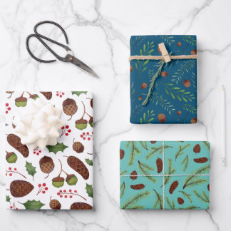 クリスマスパインコーンと枝水色 ラッピングペーパーシート