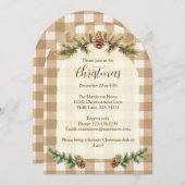 クリスマスパインコーン枝茶色のギンガムアーチ 招待状 (正面/裏面)