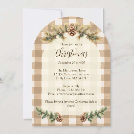 クリスマスパインコーン枝茶色のギンガムアーチ 招待状 (正面)