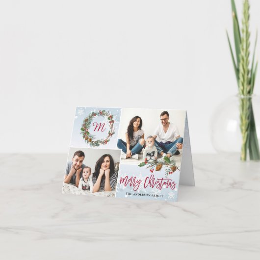 クリスマスパインコーン3枚の写真グリーティングフォールディング シーズンカード (正面)