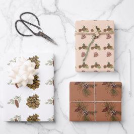 クリスマスパインコーン&枝赤ピンクパターン ラッピングペーパーシート