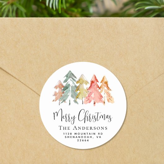 クリスマスパインツリーウォーターカラー差出人住所 ラウンドシール