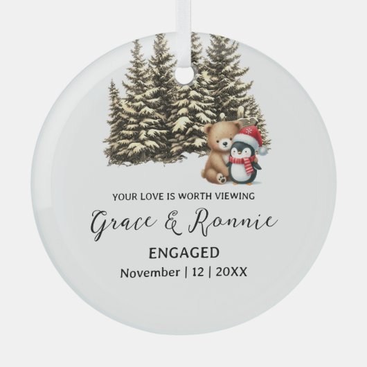 クリスマスパインツリーベアペンギンカップル婚約 ガラスオーナメント (正面)